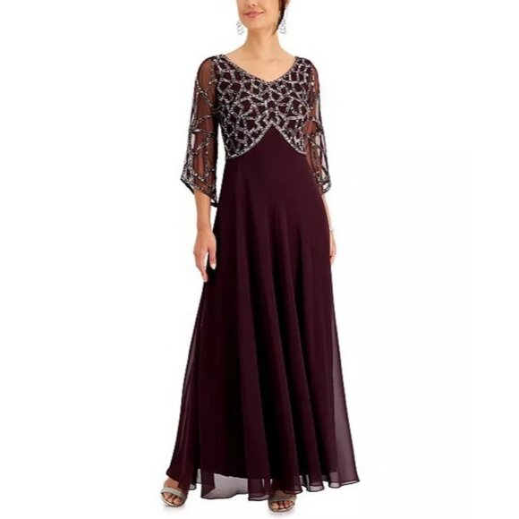 J Kara Womens Size 6 Burgundy Embellished Empire-Waist Maxi Gown Cocktail Dress - Picture 1 of 12